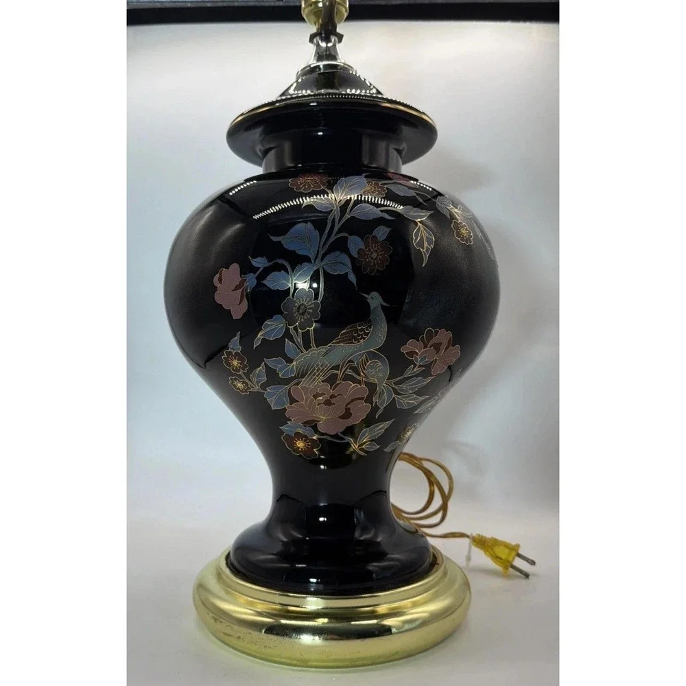 Vintage Asian Ginger Jar Chinoiserie Lamp. Brass Black Laquered W/floral&Peacock